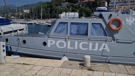 Montenegrin-Marine-Border-Police-Boat-Moored-in-Herceg-Novi-Harbor,-Close-Up