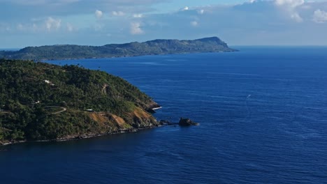 Samana-Bay-peninsula-with-azure-blue-Caribbean-ocean,-Dominican-Republic,-aerial