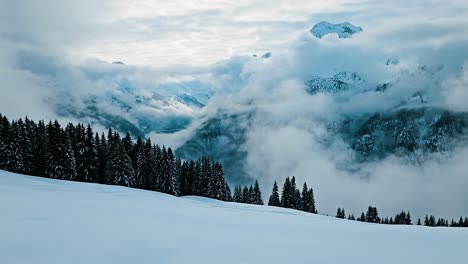 Vista-De-Un-Valle-En-Los-Alpes-Con-Lago,-Nubes-Bajas-Y-Bosque-En-Primer-Plano.
