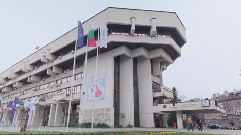 European,-national-flags-fly-outside-Bulgarian-government-municipal-building