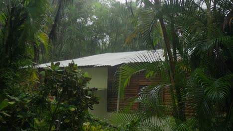 Tropical-Forest-House-in-a-Rainy-Day,-Slow-Motion