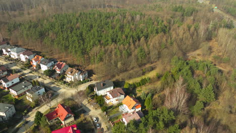 Aerial-suburb,-Gdynia-Dąbrowa,-forest,-homes,-clear-day