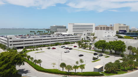 Aerial-View-of-Skolnick-Surgical-Tower-and-Mount-Sinai-Medical-Center,-Miami-USA-on-Sunny-Day,-Healthcare-Buildings,-Drone-Shot