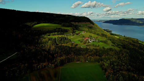 Aerial-footage-of-mountain-slope-in-lush-green,-scattered-houses,-Austrian-alps