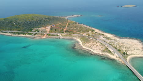 Aerial-view-of-island-near-Diakofti-town-in-hot-summer-day-on-Kythera-island,-Greece,-Europe