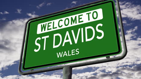 Bienvenido-A-St-Davids,-Gales,-Señal-De-Tráfico-De-La-Ciudad-Del-Reino-Unido,-Animación-Realista-En-3D