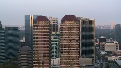 High-angle-drone-shot-of-buildings-and-surrounding-area-in-Uptown-Southwest-Houston