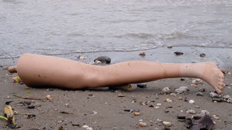 A-broken-off-mannequin-body-part-leg-sitting-on-sandy-beach-washed-ashore-from-ocean-after-stormy-weather-conditions