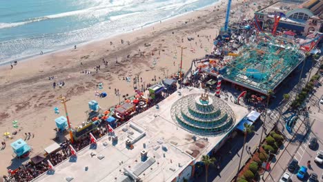 Aerial-View-of-Santa-Cruz-Boardwalk-with-Beach-and-Amusement-Park