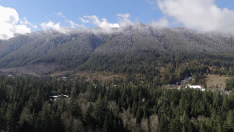 Misty-mountain-range-and-snow-capped-forest-backwards-shot-of-landscape-in-Washington-State-Pacific-Northwest-on-a-partly-cloudy-day