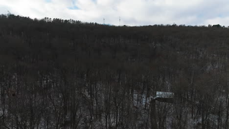 Toma-Aérea-De-Un-Bosque-Sin-Hojas-En-Invierno,-Suelo-Cubierto-De-Nieve,-Pan