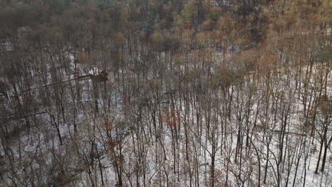 Aerial-drone-shot-of-winter-forest-landscape-in-Mount-Sequoyah,-Arkansas