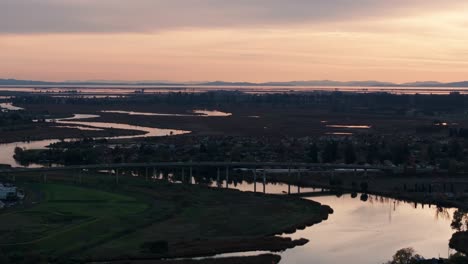 Beautiful-sunset-aerial-views-of-the-bay-area-outside-of-napa-valley,-California