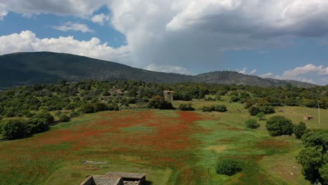 Drohnenflug-über-Grasfelder-Und-Rote-Mohnblumen,-Wo-Sie-Einige-Bäume-Und-Überreste-Von-Rustikalen-Gebäuden-Mit-Einem-Bergigen-Hintergrund-Und-Dem-Himmel-Mit-Großen-Wolken-In-Avila,-Spanien-Sehen-Können