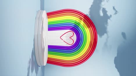 Rainbow-arch-with-heart-on-pedestal-and-moving-cloud-background,-3D-illustration