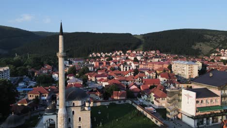 Pljevlja,-Montenegro,-Drone-Aerial-View-of-Downtown-Mosque-and-Buildings