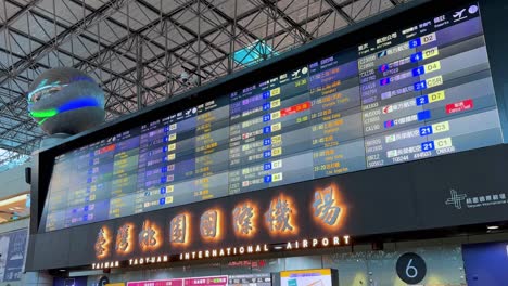 Abflugtafel-Am-Flughafen-Taoyuan-Mit-Fluginformationen,-Keine-Personen-Sichtbar,-Drinnen