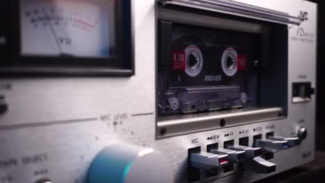 Inserting-and-Start-Playing-Audio-Cassette-Tape-in-Vintage-JVC-Deck-Player,-Close-Up