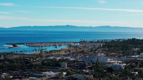 Drone-aerial-view-of-the-blue-ocean-colors-in-santa-barbara,-california