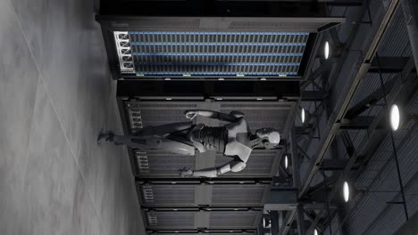 Vertikaler-Humanoider-Cyborg-Im-Server-Internet-Hi-Tech-Raum,-Der-Das-Konzept-Der-Geburt-Künstlicher-Intelligenz-übernimmt,-In-3D-Rendering-Animation,-Cybersicherheitskrieg
