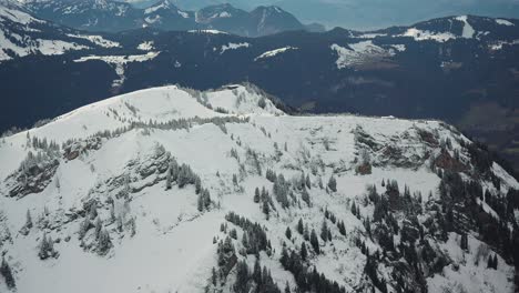 Pine-trees-stand-on-the-snow-covered-mountain-crests-in-the-Austrian-Alps