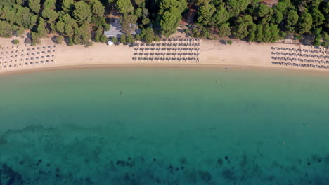 Panoramic-view-of-koukounaries-beach-in-Skiathos-island,-Greece-with-turquoise-water-near-pine-tree-forest