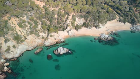 Una-Vista-De-Pájaro-Revela-El-Mar-Azul,-Las-Playas-De-Arena-Y-Los-Lujosos-Complejos-Turísticos-De-Lloret-De-Mar,-Que-Atraen-A-Turistas-De-Alto-Nivel-A-Santa-Cristina-Y-Cala-Treumal.