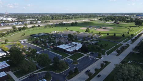 Woodhaven-government-buildings,-aerial-drone-view