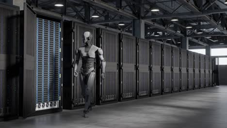 Cyborg-Humanoid-Im-Server-Internet-Hi-Tech-Raum,-Konzept-Der-Geburt,-Künstliche-Intelligenz-übernimmt-In-3D-Rendering-Animation-Den-Cybersicherheitskrieg