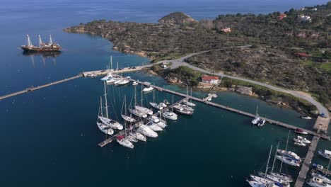 Aerial-view-of-the-small-marina-in-Lagonisi,-Chalkidiki,-Greece