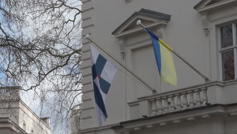 Finland-and-Ukranian-Flags,-Belgravia,-London,-United-Kingdom