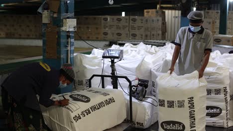 Los-Hombres-En-POV-Están-Sellando-Y-Pesando-Sacos-Y-Colocándolos-En-El-Descenso-De-La-Línea-Transportadora.