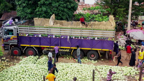 Enorme-Montón-De-Sandías-Cosechadas-En-Un-Mercado-De-Agricultores-En-Makurdi,-Nigeria---Aéreo