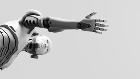 Humanoider-Cyborg-Prototyp,-Beweglicher-Arm-Und-Anzeige-Von-Leerem-Raum-In-Der-Handfläche-Zum-Hinzufügen-Von-Objekten,-Grauer-Hintergrund,-Künstliches-Intelligenzkonzept-Eines-Futuristischen-Aufgabenszenarios,-3D-Rendering-Animation