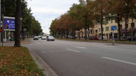 Bike-and-car-traffic-on-street-lined-by-autumn-colored-trees-in-Sweden