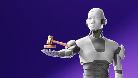 Prototipo-De-Robot-Cibernético-Humanoide-Sosteniendo-Un-Martillo-De-Juez,-Inteligencia-Artificial-En-El-Debate-Judicial-Representación-3d