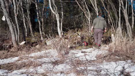 The-Man-is-Throwing-the-Split-Log-to-be-Utilized-as-Firewood-During-Winter-in-Indre-Fosen,-Trondelag-County,-Norway---Static-Shot