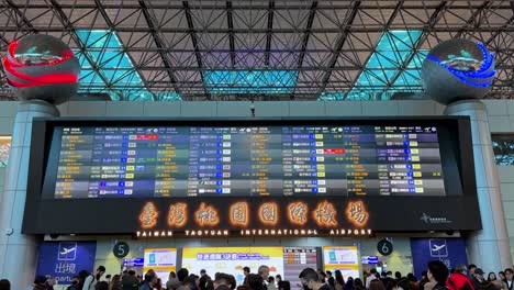 Terminal-Del-Aeropuerto-Abarrotada-De-Viajeros-Viendo-El-Sistema-De-Visualización-De-Información-De-Vuelos