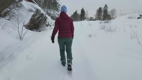 La-Vista-Trasera-De-Una-Mujer-Caminando-Sobre-Nieve-Prístina---Plano-De-Seguimiento