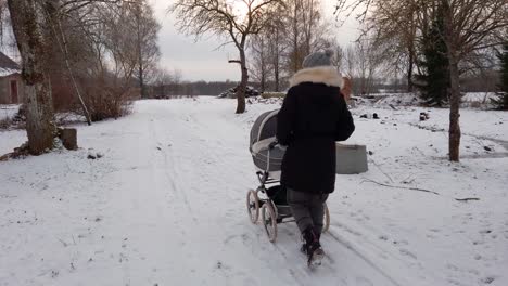 Mother-in-black-winter-coat-walk-with-baby-carriage-on-snowy-driveway