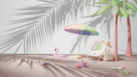 Animación-En-3D-De-Vacaciones-En-Concepto-De-Playa-Tropical-Soleada-Con-Sombrilla-Para-Tomar-El-Sol,-Resort-De-Agencia-De-Destino-De-Viajes-De-Palmeras