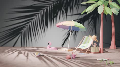 3D-Rendering-Animation-Des-Urlaubs-Im-Tropischen-Sonnenstrand-Konzept-Mit-Sonnenschirm-Zum-Sonnenbaden-Und-Schwarzem-Palmenhintergrund