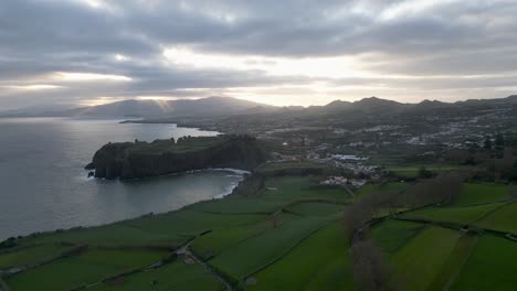 drone-flying-over-green-mountains-of-Sao-Miguel-island-in-atlantic-ocean,-Azores,-Portugal,-Europe