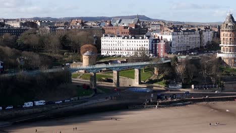 Aerial-footage-of-Scarborough-South-bay,-The-Grand-Hotel-in-winter