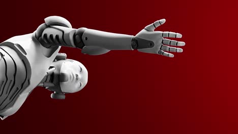 Humanoider-Cyborg-Prototyp,-Beweglicher-Arm-Und-Anzeige-Von-Leerem-Raum-In-Der-Handfläche-Zum-Hinzufügen-Von-Objekten,-Roter-Hintergrund,-Futuristisches-Aufgabenszenario-Mit-Künstlicher-Intelligenz,-3D-Rendering-Animationsansicht-Mit-Niedrigem-Winkel