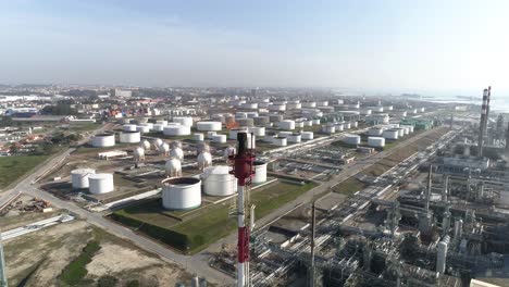 Aerial-Birds-Eye-Drone-View-of-a-Large-Chemical-Products-Refinery-in-Matosinhos,-Portugal