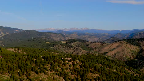 El-Rancho-Immergrün-Golden-Genesse-Colorado-Büffelreservat-Aussicht-Malerische-Landschaft-Indianergipfel-Stromleitungen-Rocky-Mountain-Nationalpark-Sommermorgen-Sonnenschein-Mount-Evans-Blauer-Himmel-Rechts-Bewegung-