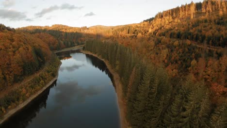 Breathtaking-aerial-view:-a-road-carves-through-verdant-forest,-following-a-glassy-expanse-of-water