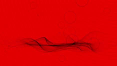 Animation-Einer-Grafik-Mit-Schwarzen-Linien-Auf-Rotem-Hintergrund-Mit-Sich-Verziehenden-Wellen,-Bewegten-Punkten-Und-Konzentrischen-Ringen