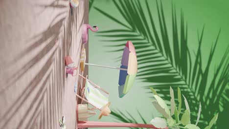 Vertikale-3D-Rendering-Animation-Eines-Urlaubs-Im-Tropischen-Sonnenstrand-Konzept-Mit-Sonnenschirm-Zum-Sonnenbaden-Und-Palmen-Reisebüro